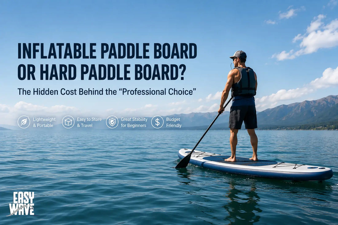 Inflatable paddle board and hard paddle board on lake
